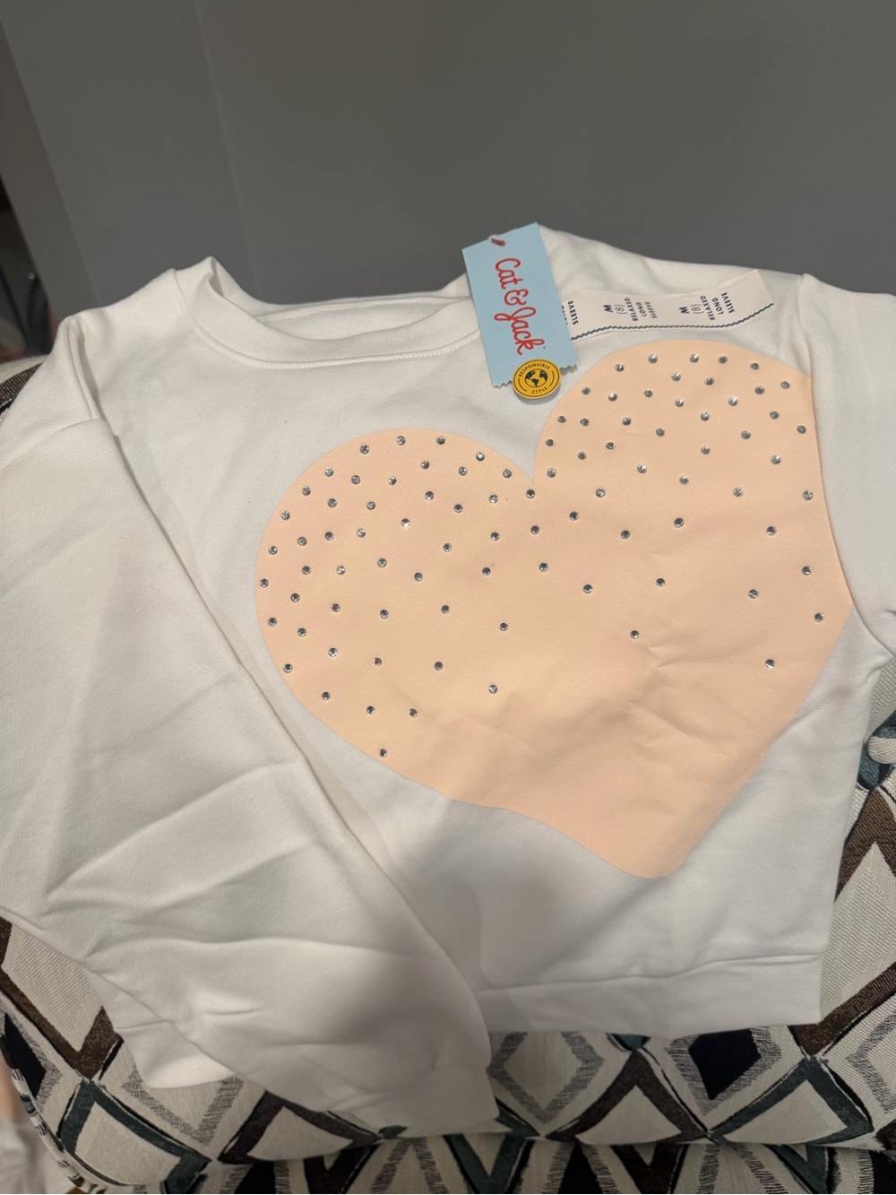 Cat & Jack White Sweatshirt with Peach Heart and Rhinestones